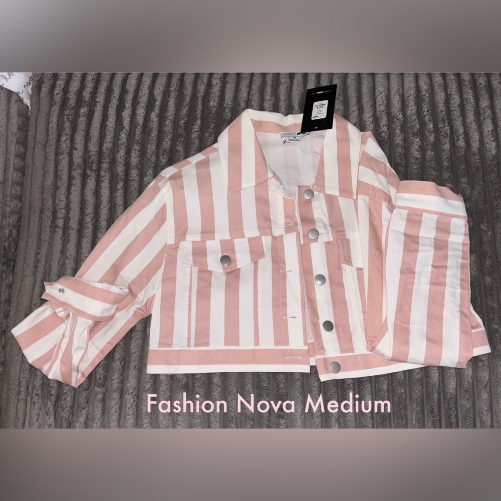 Fashion Nova Denim style pink and white striped jacket
